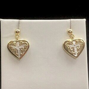 Gold Plated Sterling Silver Heart Earrings Religious Theme 4 Grams 3/4”